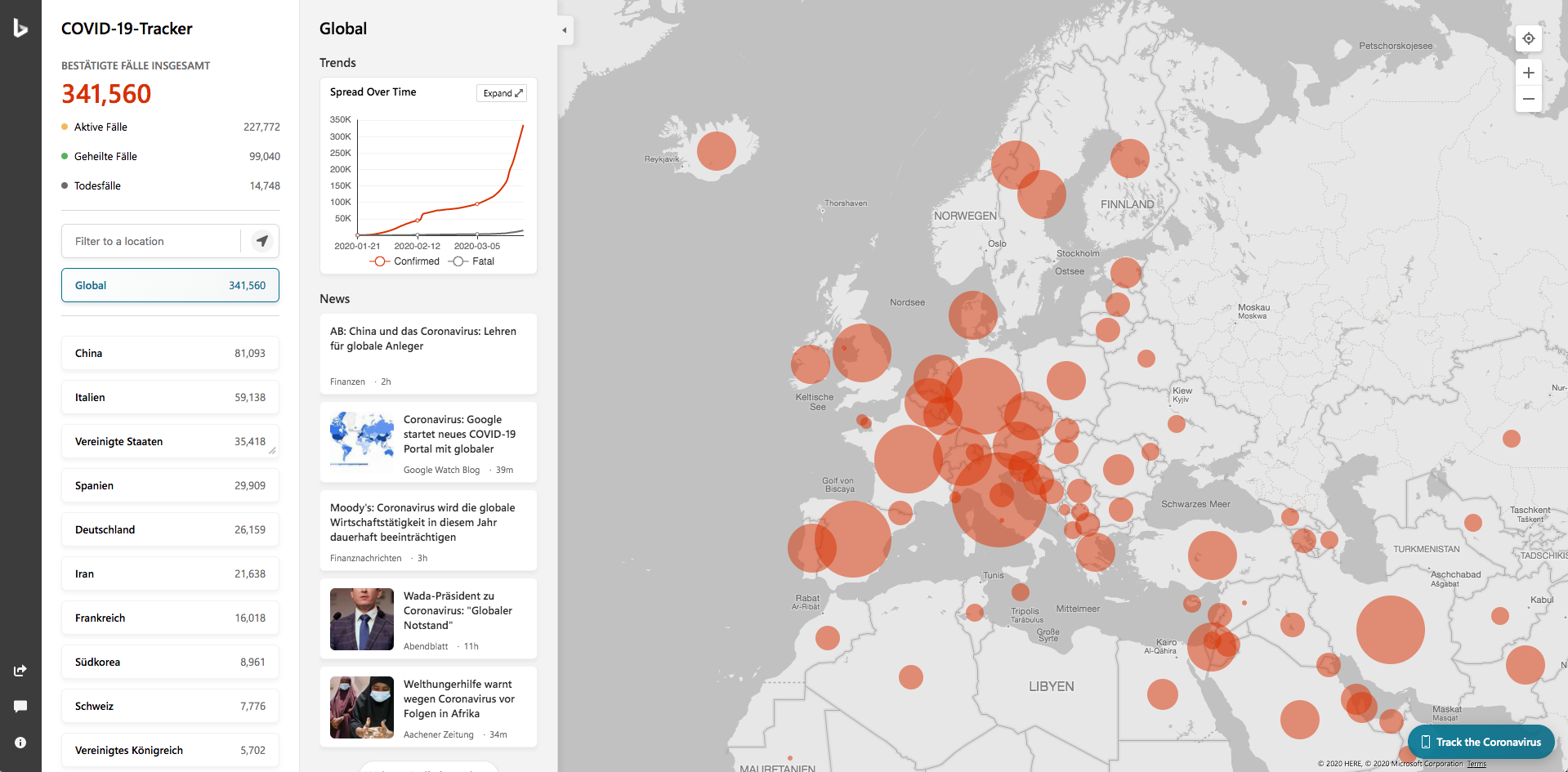 Eigener Screenshot der Bing COVID-19 Karte