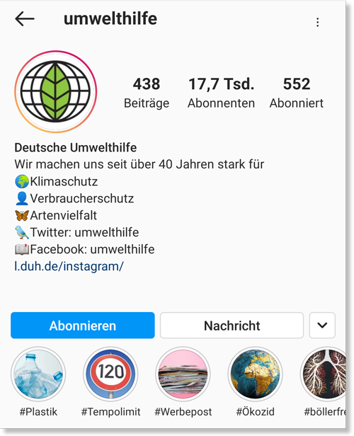 Instagram Business Profil: umwelthilfe