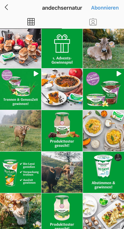 Andechser postet abwechselnd Bilder von Essen oder aus der Natur und Produktvorstellungen auf grünem Hintergrund.