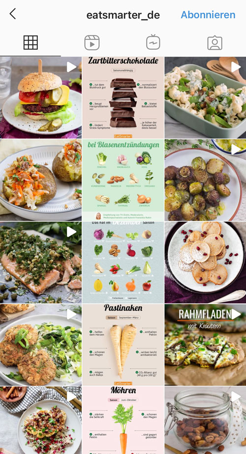 EatSmarter verbindet im Feed Fakten mit Bildern von leckeren Gerichten.