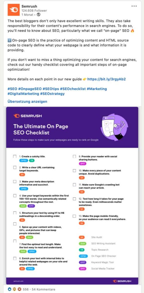 MarTech Marketing: Semrush LinkedIn Beitrag