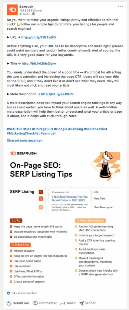 MarTech Marketing: Semrush LinkedIn Beitrag