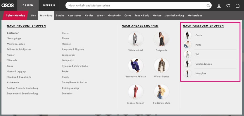 Screenshot der Asos Kategorieseite "Bekleidung".