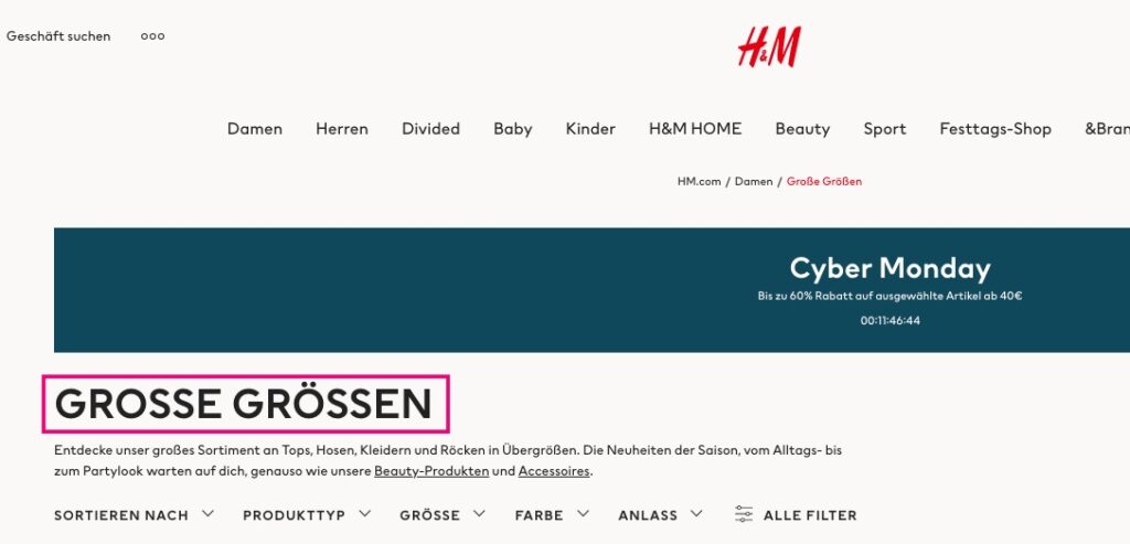 Screenshot der H&M Kategorieseite "Bekleidung".