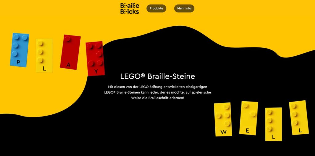 Auf dem Screenshot der Lego-Webseite sind die LEGO Braille-Steine zu sehen, die in verschiedenen Farben und mit unterschiedlichen Braille-Schriftzeichen zu sehen sind.